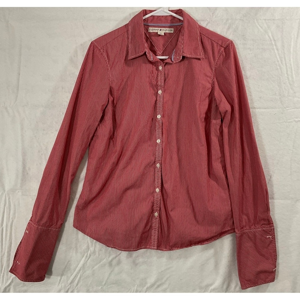 Tommy Hilfiger Button Down Women Medium Red White Striped Cotton Shirt SSG-HUZ
